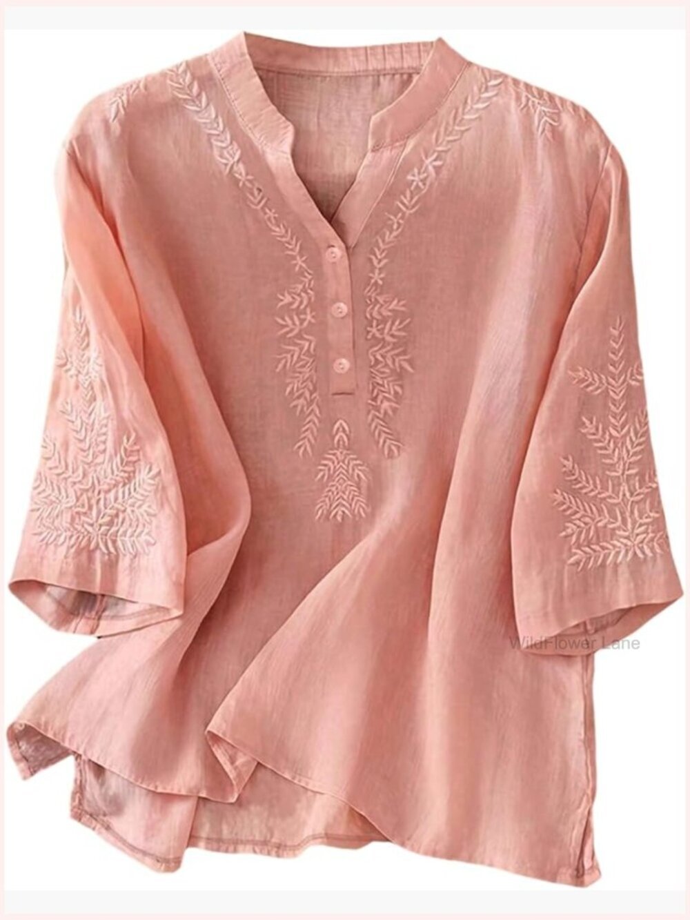 Boho Linen Embroidered 3/4 Sleeve Peasant Blouse Casual Gauze Top